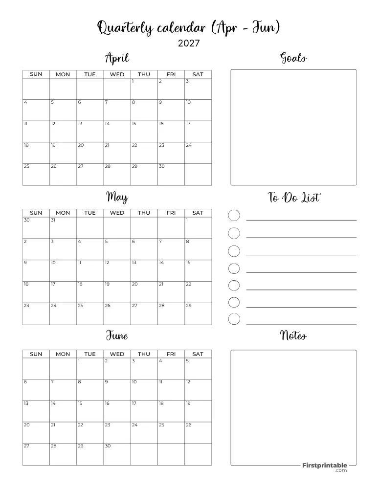 Printable Quarterly Calendar 2027 Q2 - Template 06