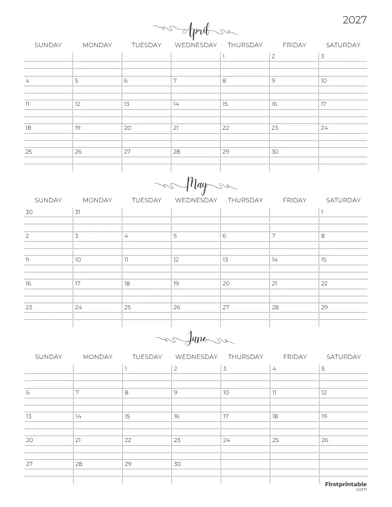 Printable Quarterly Calendar 2027 Q2 - Template 07