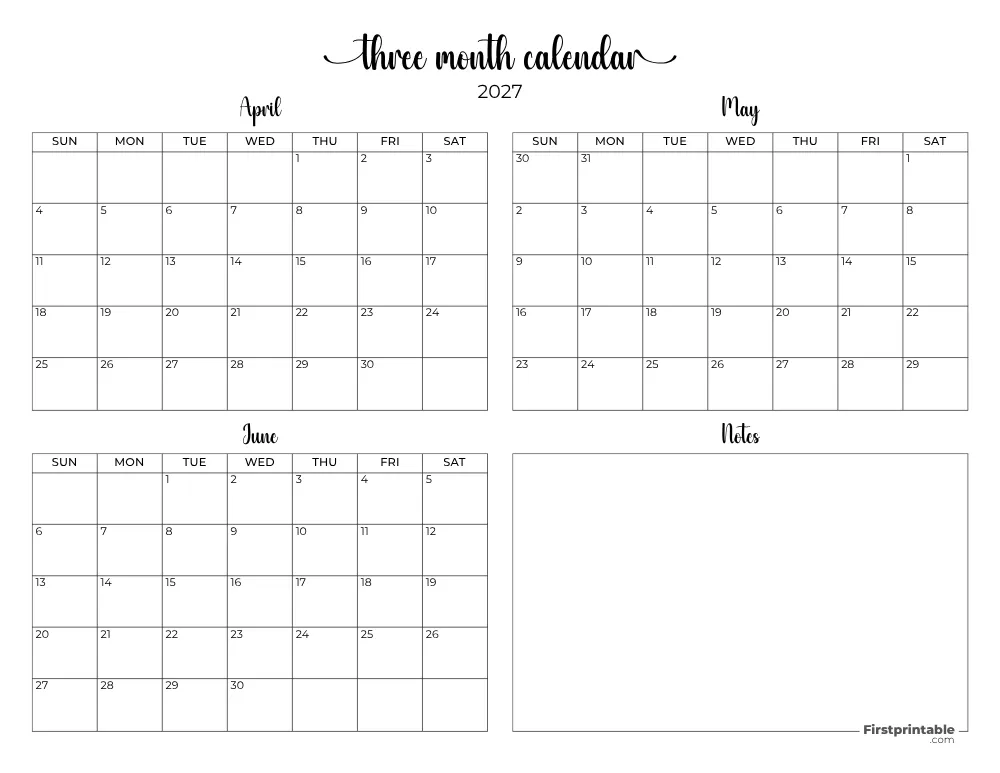 Printable Quarterly Calendar 2027 Q2 - Template 08