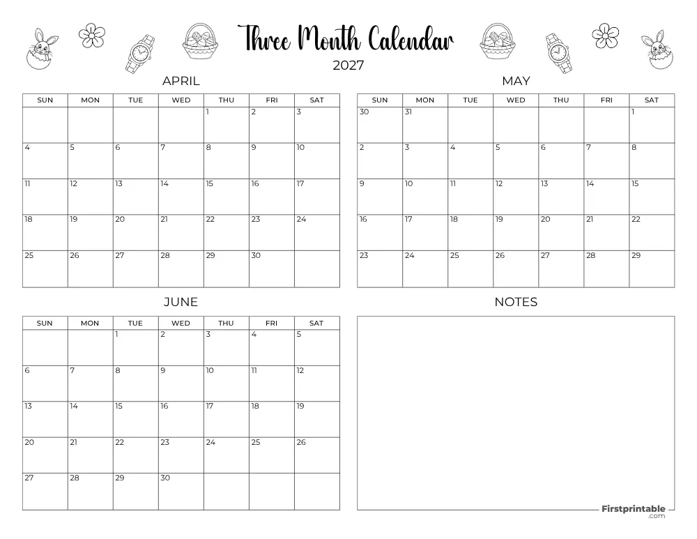 Printable Quarterly Calendar 2027 Q2 - Template 10