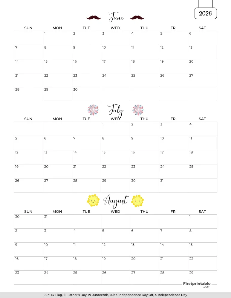 Printable Summer Calendar 2026 Template 01