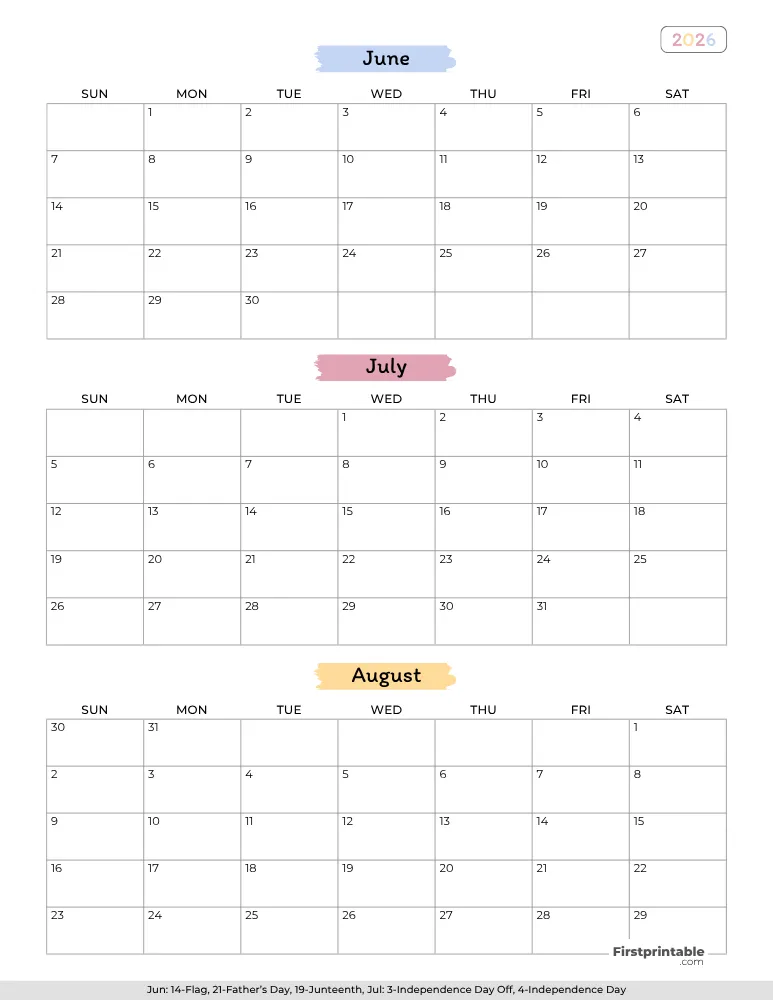Printable Summer Calendar 2026 Template 02