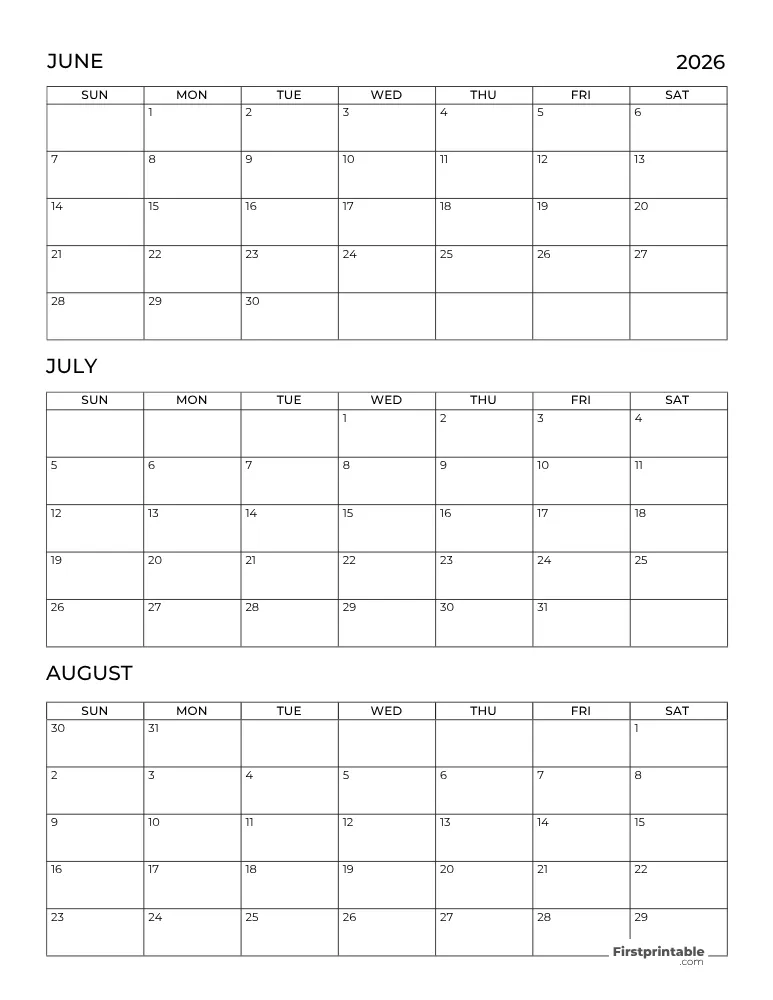 Printable Summer Calendar 2026 Template 06