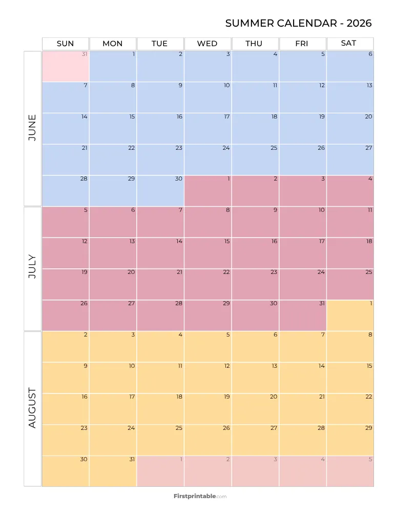 Printable Summer Calendar 2026 Template 07
