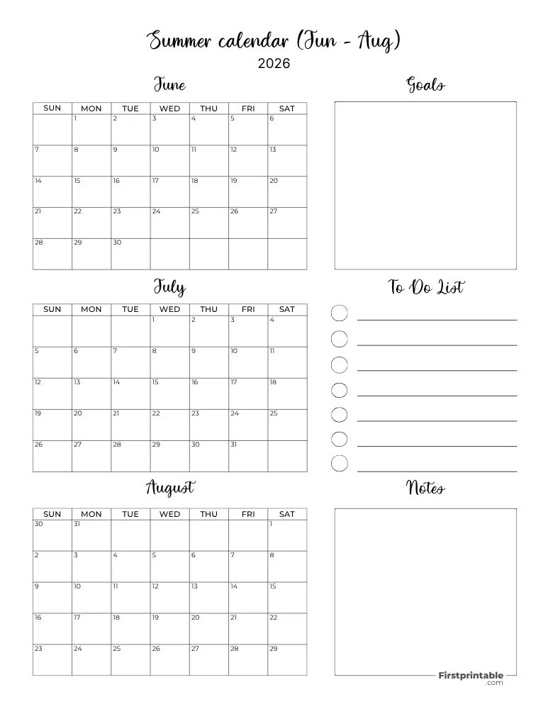 Printable Summer Calendar 2026 Template 08