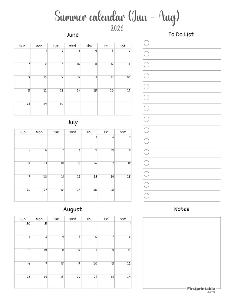 Printable Summer Calendar 2026 Template 09