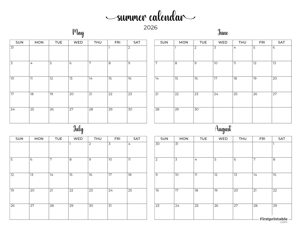 Printable Summer Calendar 2026 Template 10