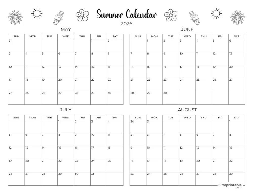 Printable Summer Calendar 2026 Template 13