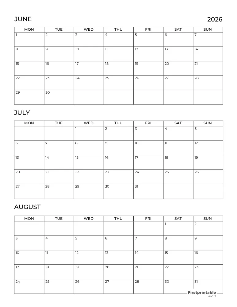 Printable Summer Calendar 2026 Template 15