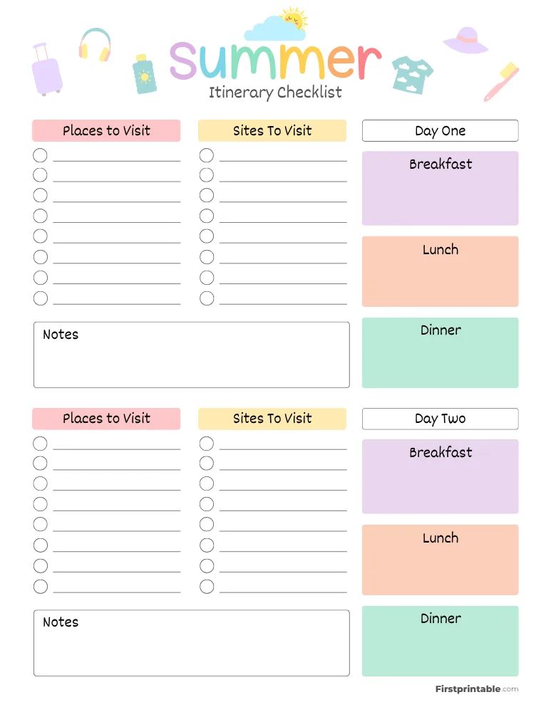 Summer Itinerary Checklist