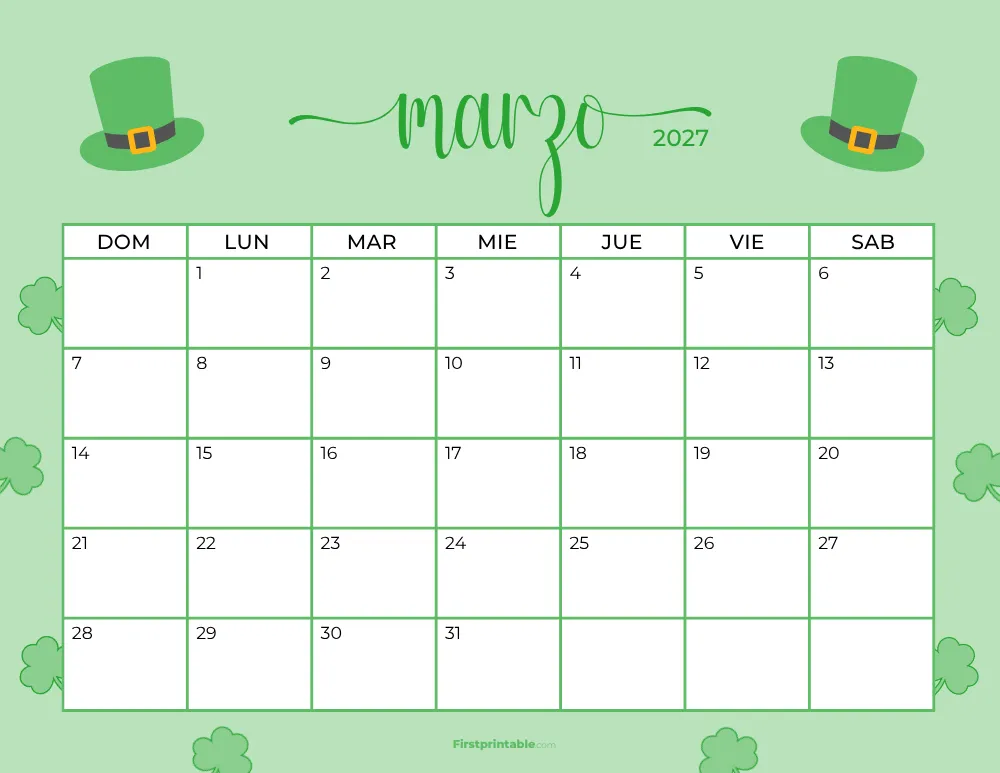 Spanish Printable March Calendar 2027 St Patrick's Day Themed Template 37