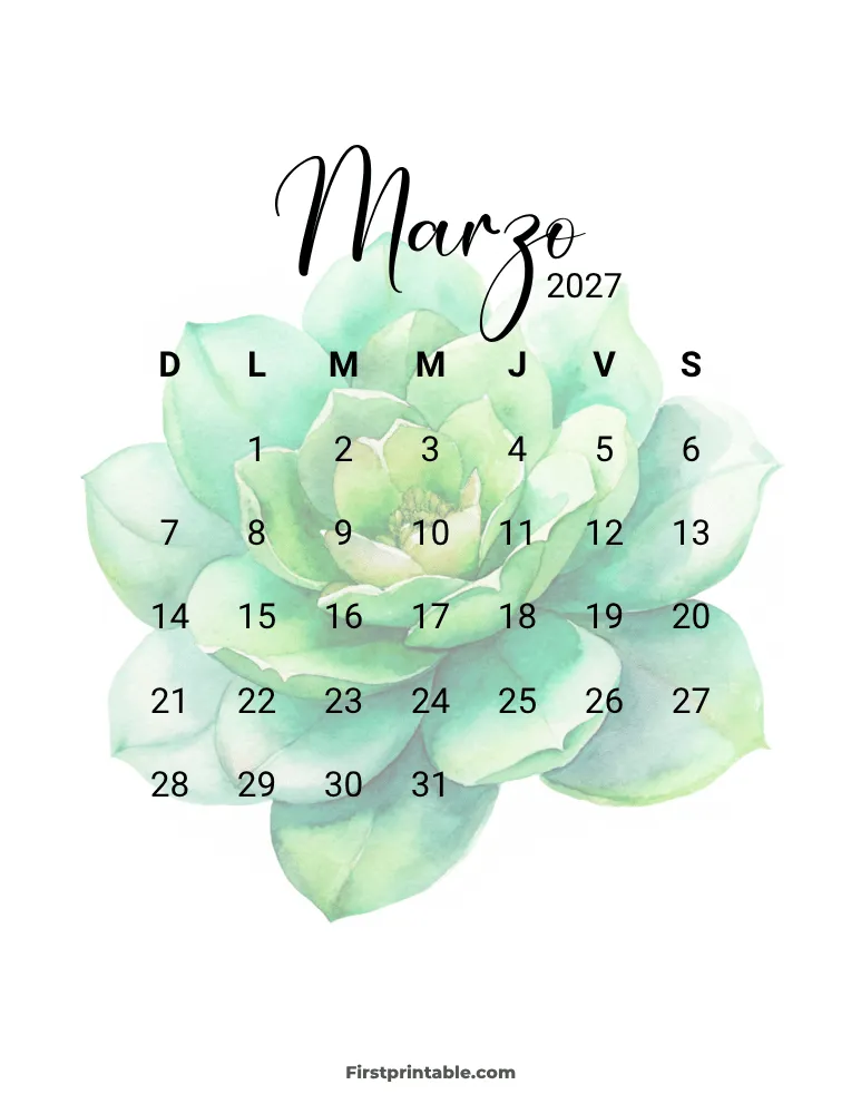 Spanish Printable March Calendar 2027 Template 27