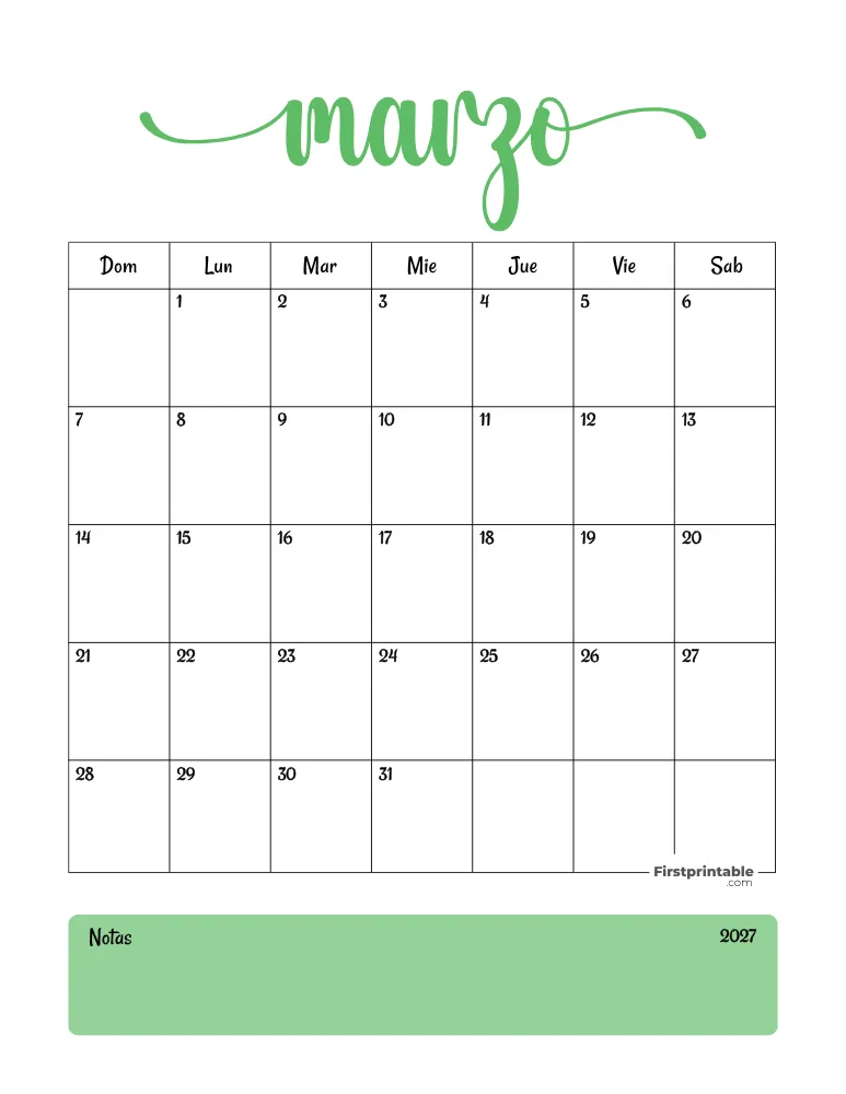 Spanish Printable March Calendar 2027 Template 31