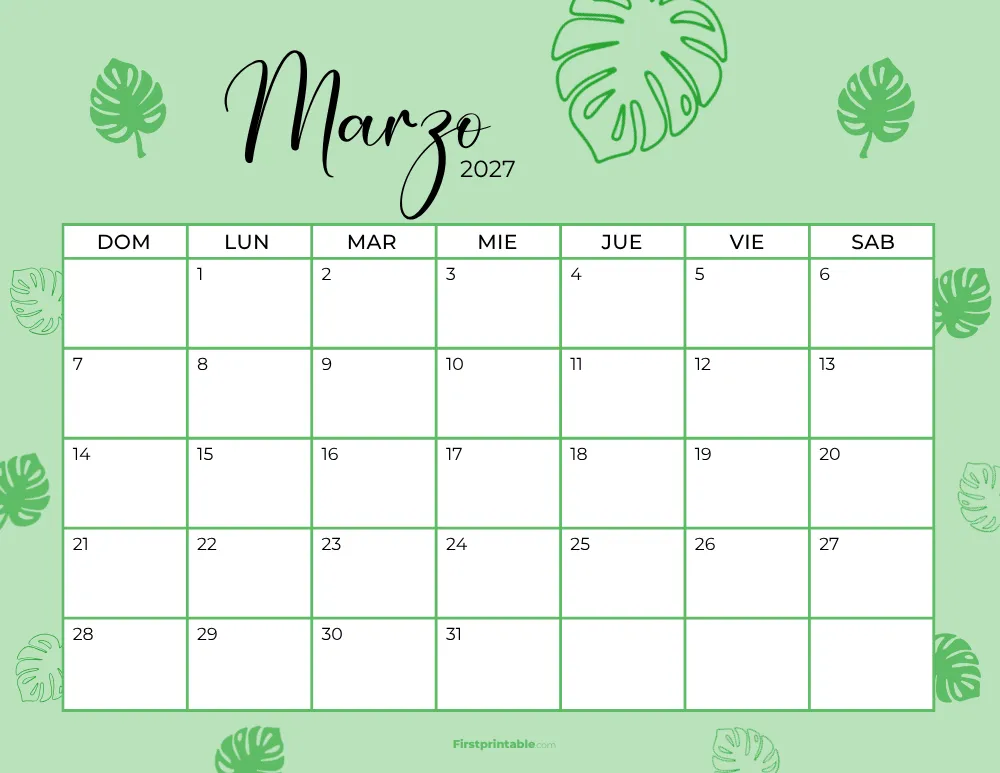 Spanish Printable March Calendar 2027 Template 36