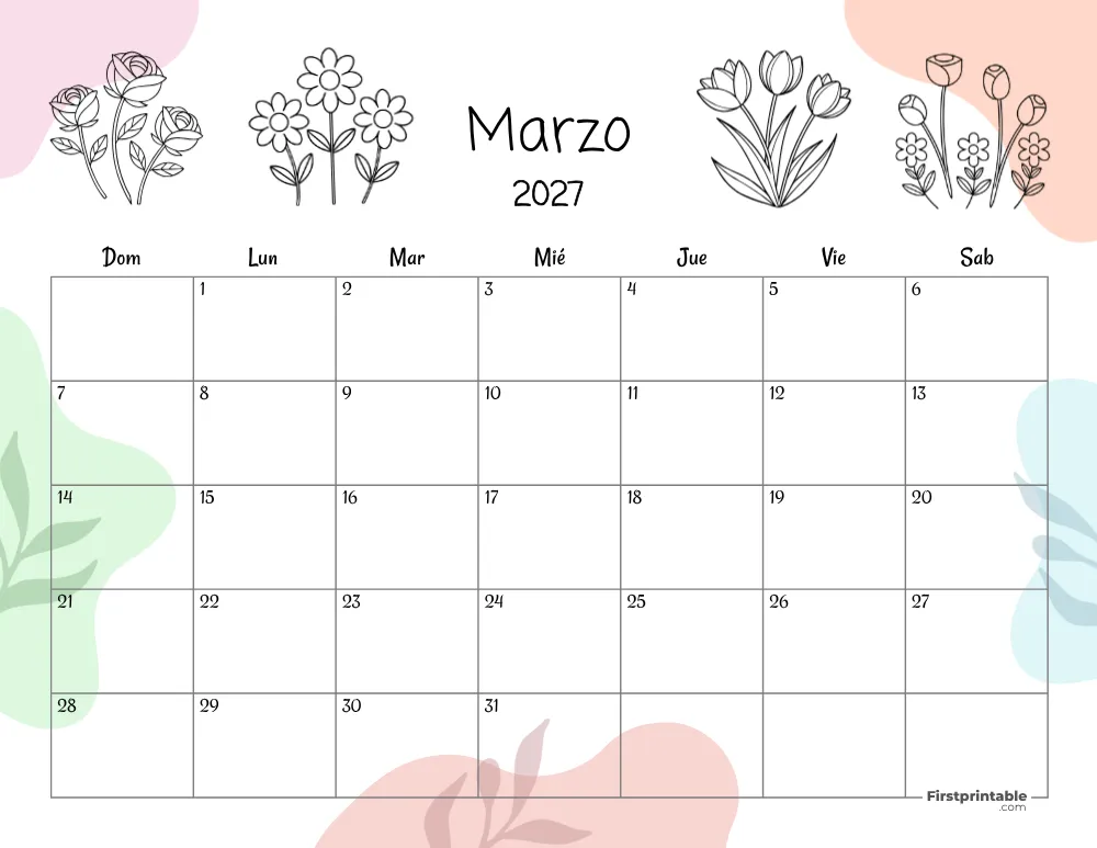 Spanish Printable March Calendar 2027 Template 39