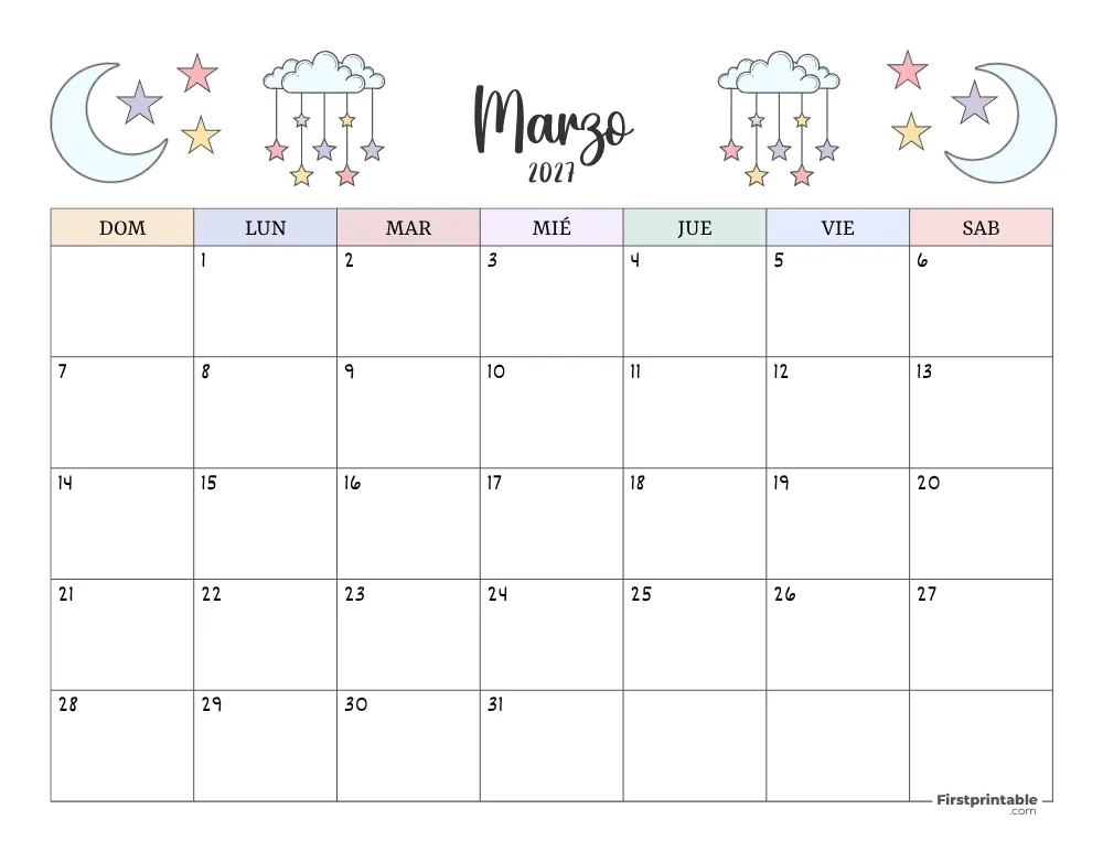 Spanish Printable March Calendar 2027 Template 41