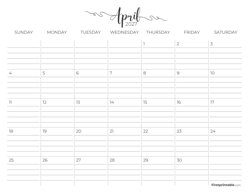 April 2027 Calendar with lines 02