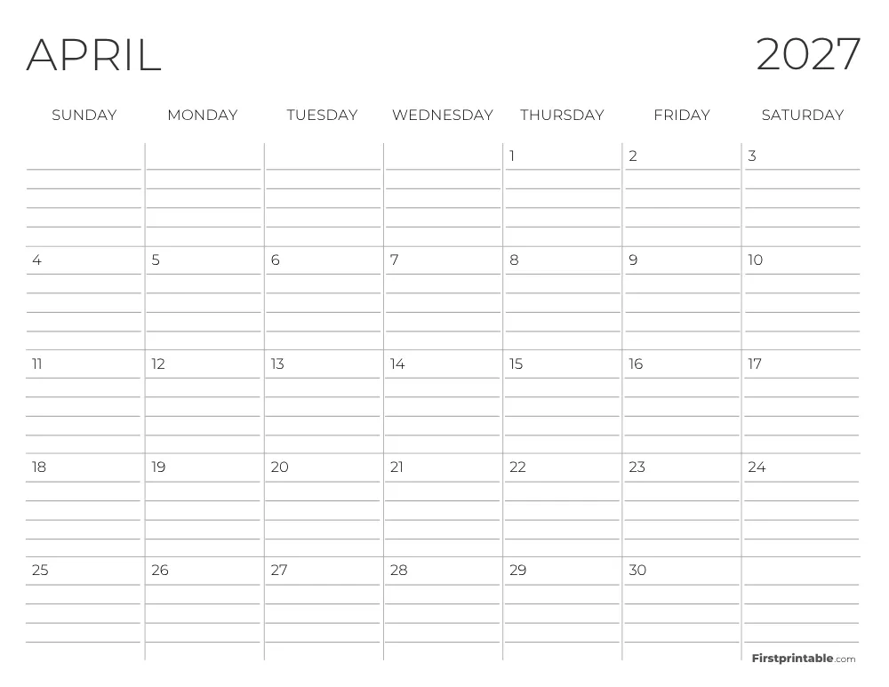 April 2027 Calendar with lines