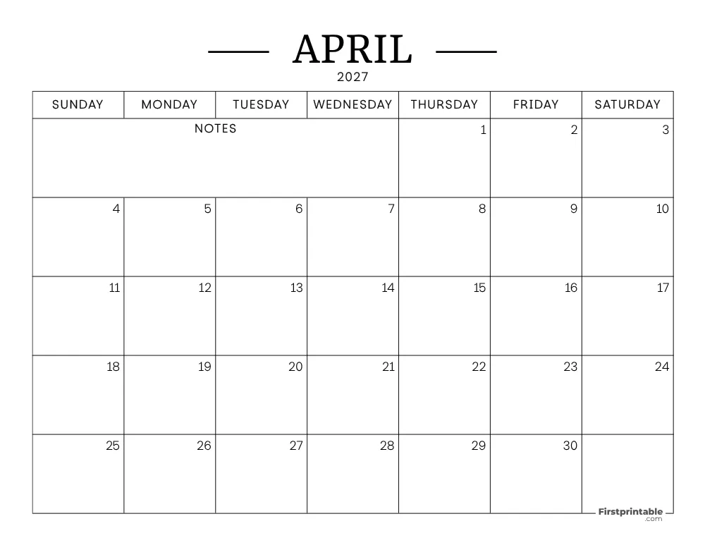 April Calendar 2027 Printable