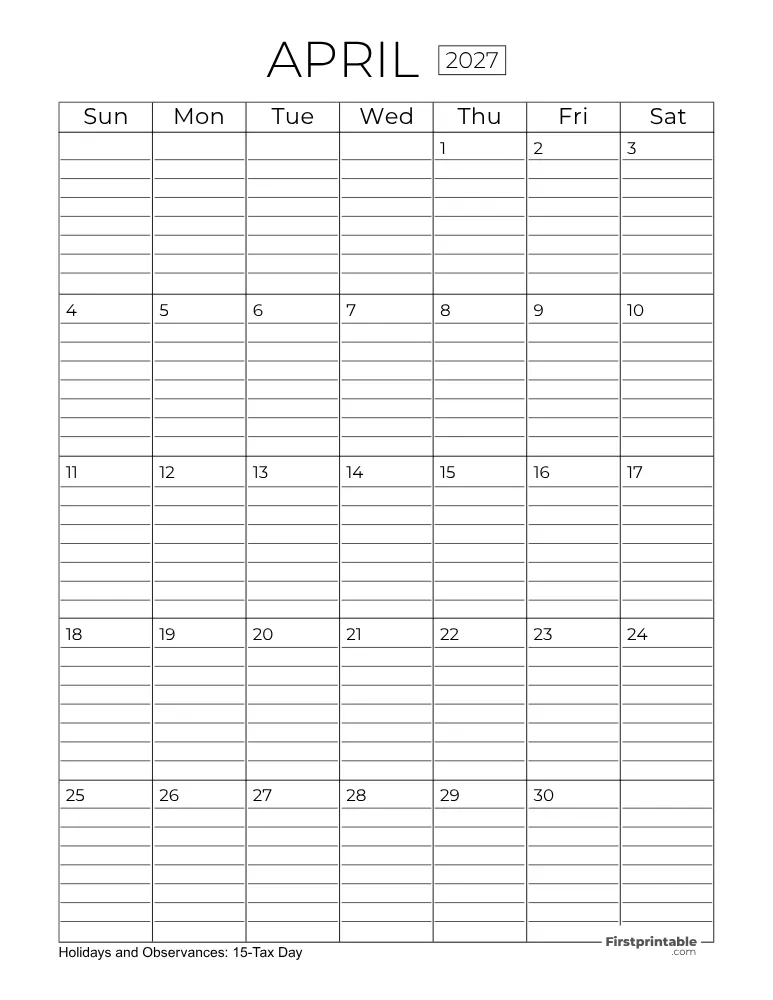 April Calendar 2027 with Lines