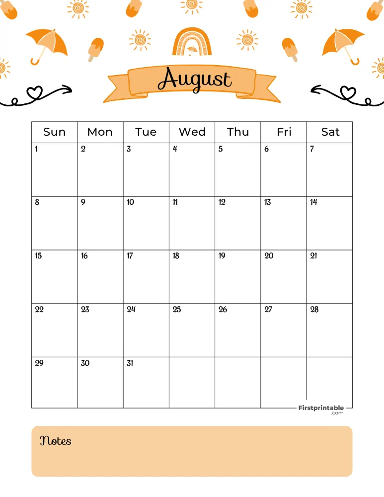 August Calendar 2027 Summer Template 01
