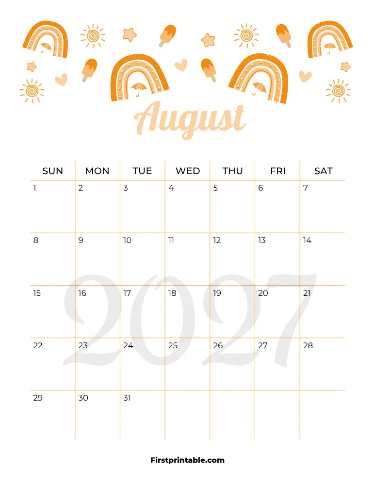 August Calendar 2027 Summer Template 06