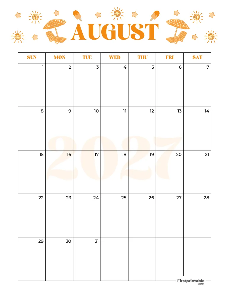 August Calendar 2027 Summer Template 07