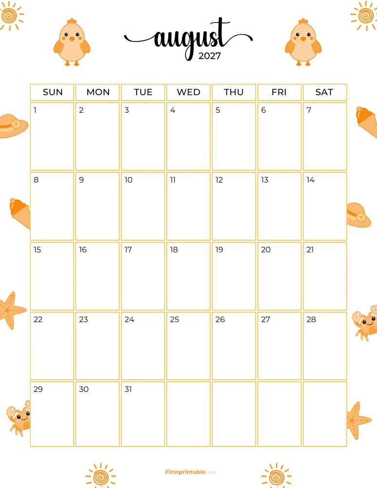 August Calendar 2027 Summer Template 09