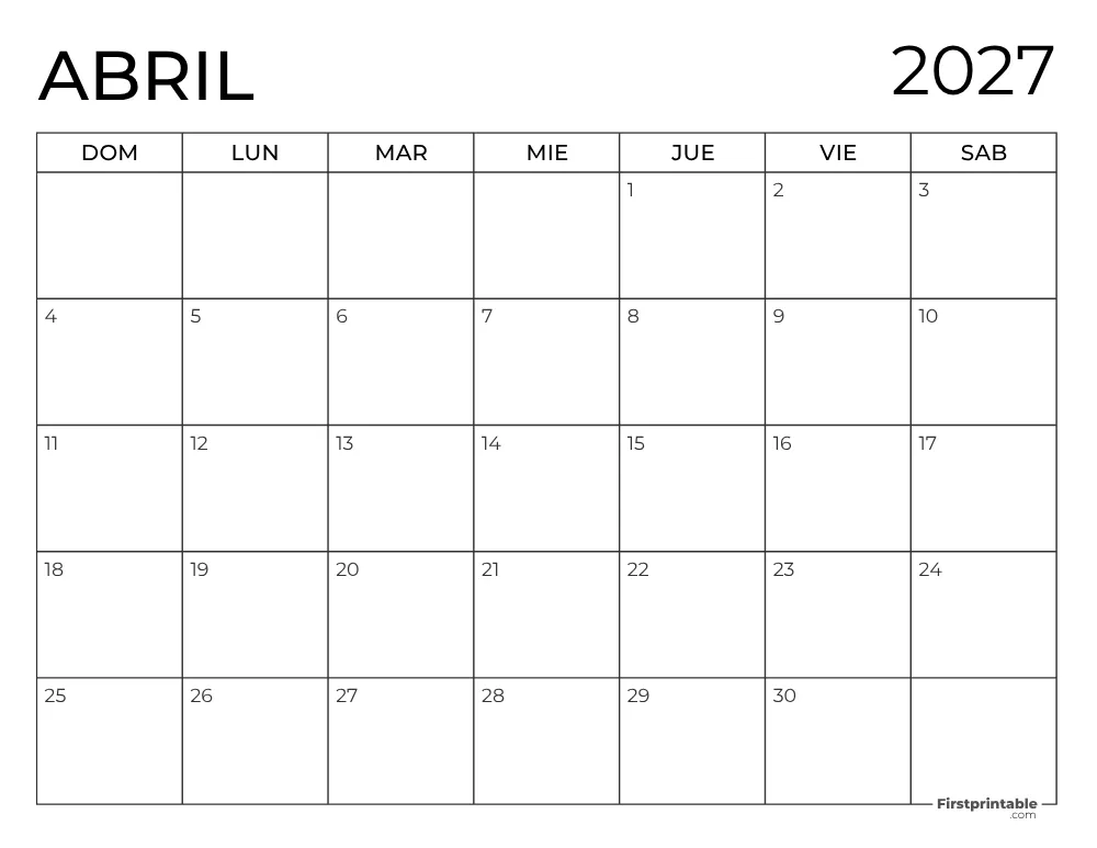 Calendario 2027 para imprimir de abril