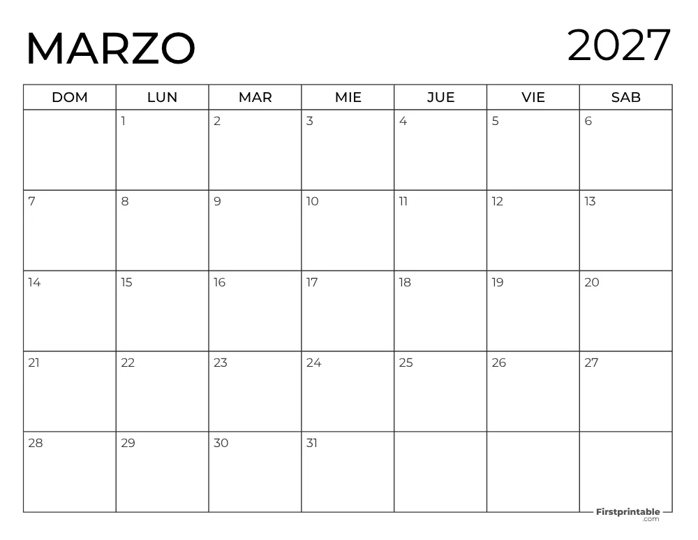 Calendario 2027 para imprimir de marzo