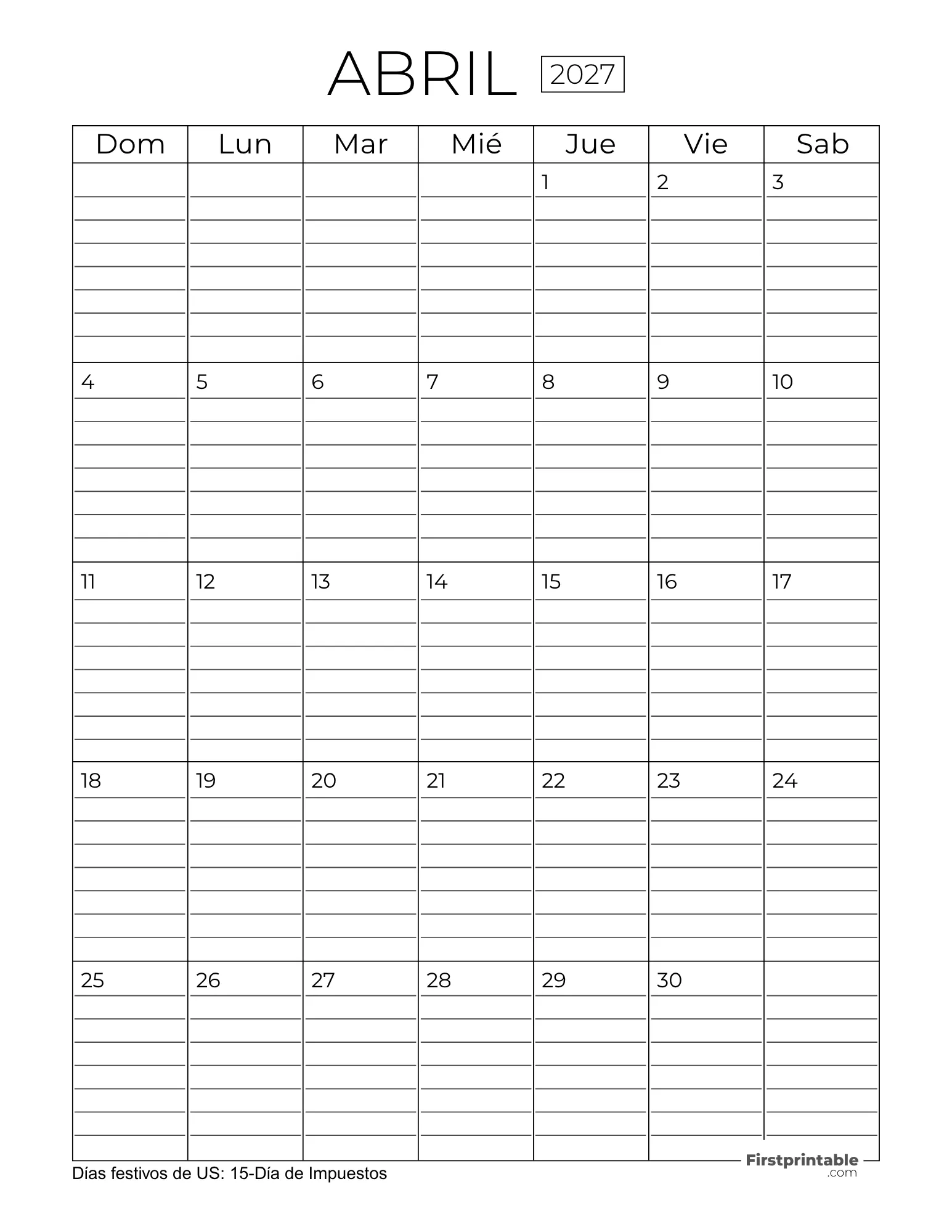 Calendario abril 2027 con líneas