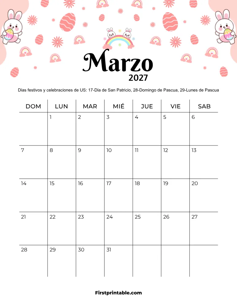 Calendario de Marzo de 2027 con temática de Pascua