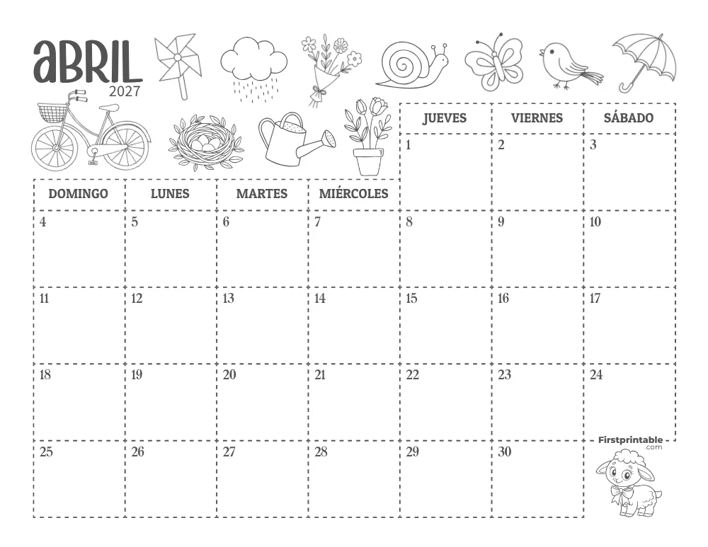 Calendario de abril 2027 con temática de primavera 01