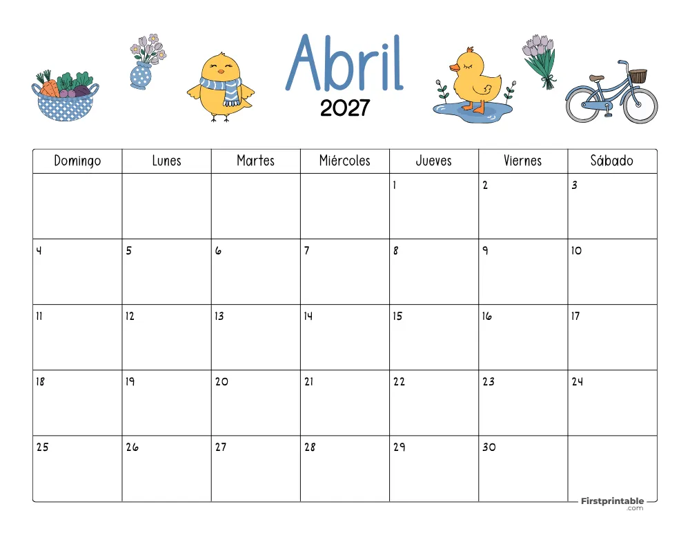 Calendario de abril 2027 con temática de primavera 04