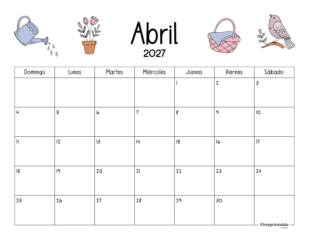 Calendario de abril 2027 con temática de primavera 05