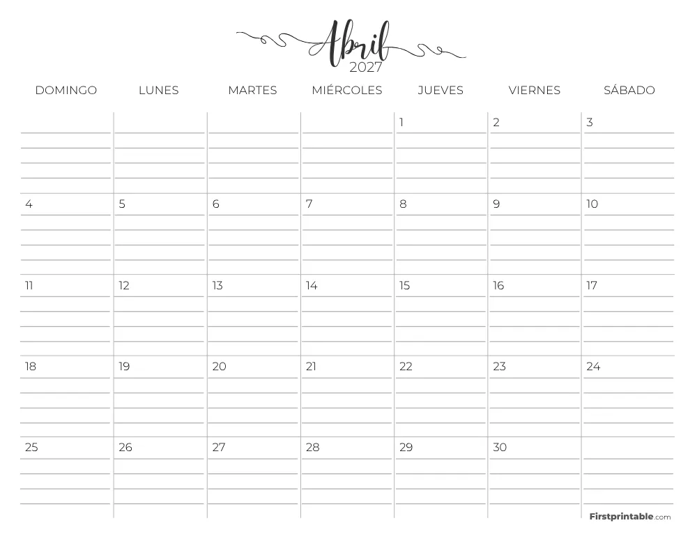 Calendario de abril de 2027 con líneas 02