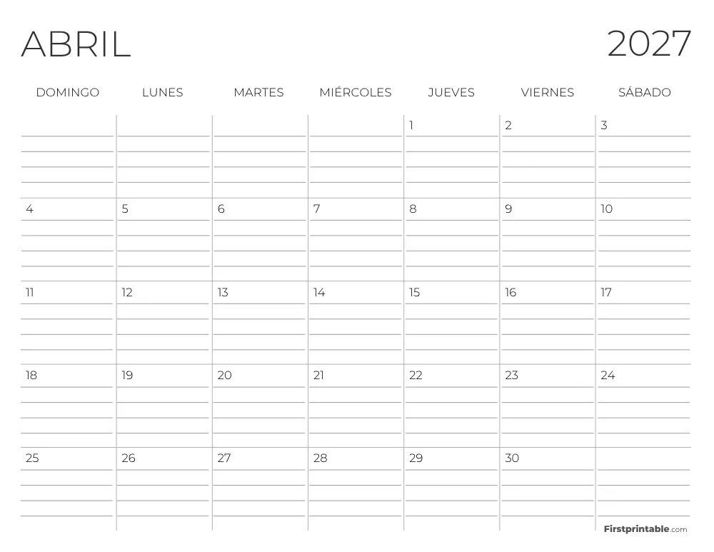 Calendario de abril de 2027 con líneas