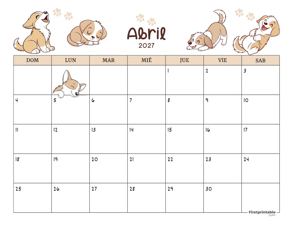 Calendario de abril de 2027 con temática de perros 01