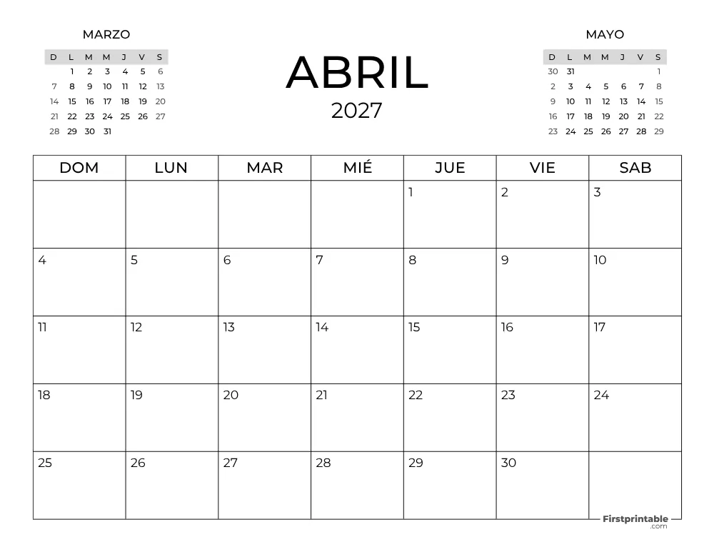 Calendario de abril de 2027