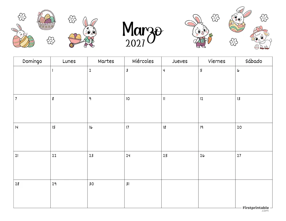 Calendario de marzo 2027 con temática de Pascua 02