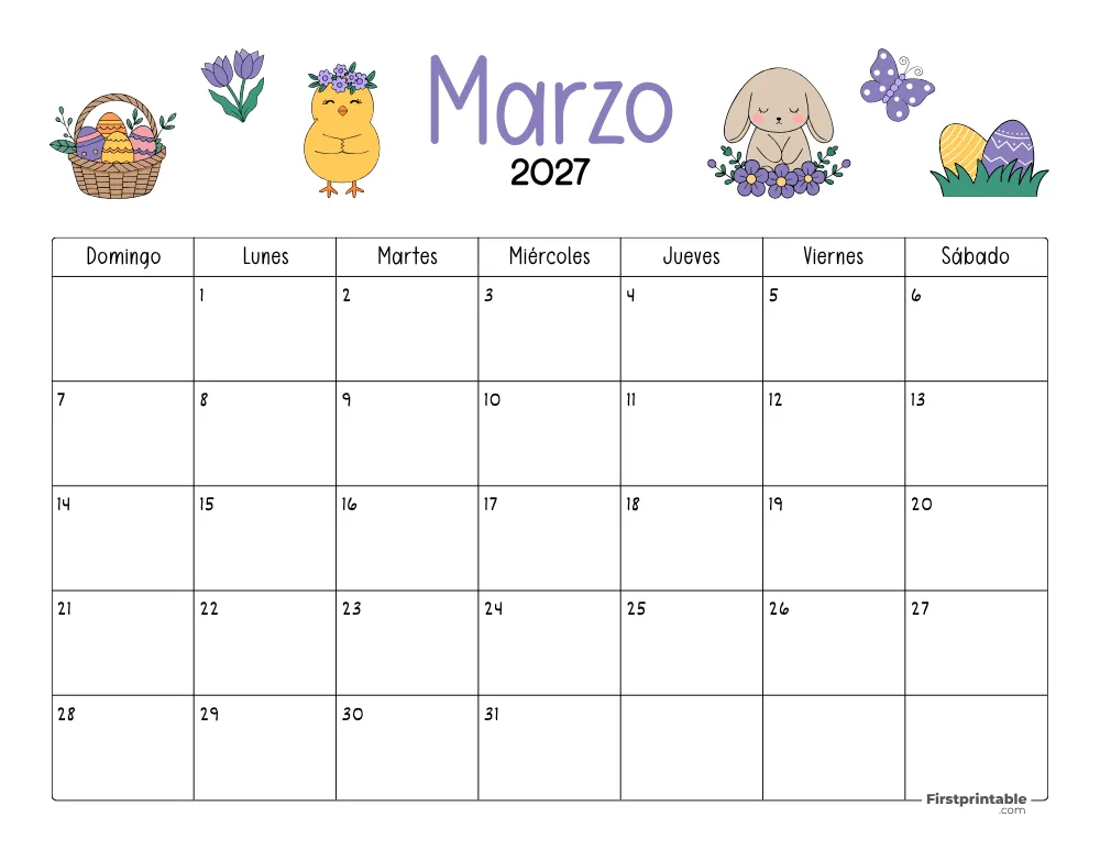 Calendario de marzo 2027 con temática de Pascua 04
