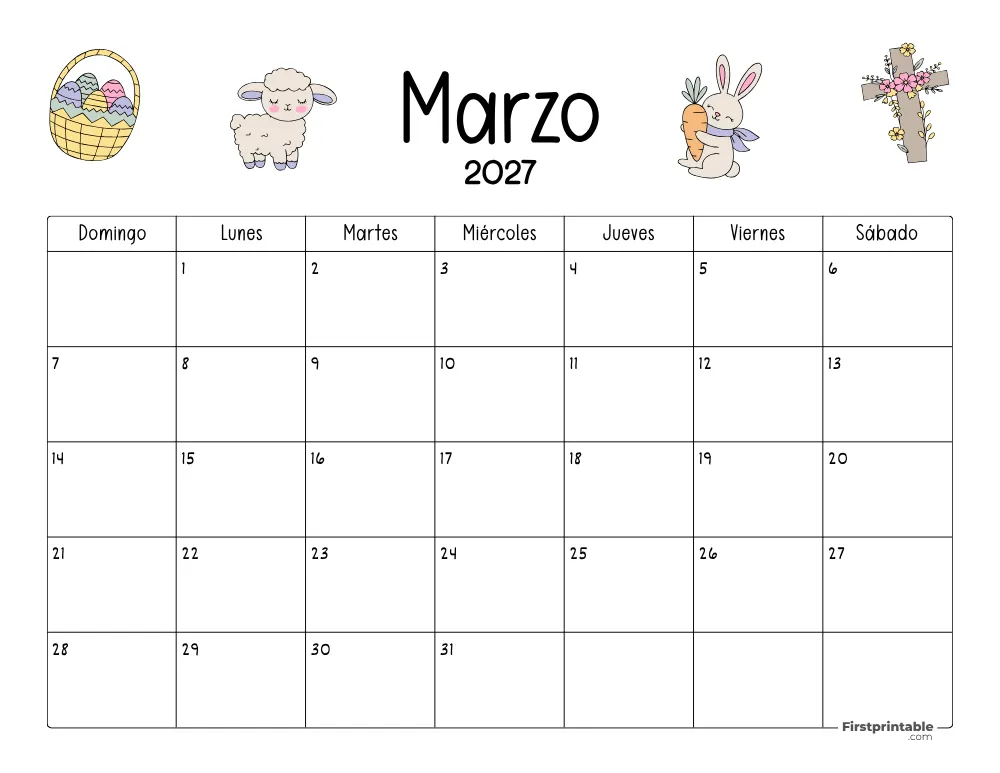 Calendario de marzo 2027 con temática de Pascua 05