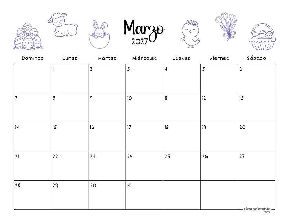 Calendario de marzo 2027 con temática de Pascua 06
