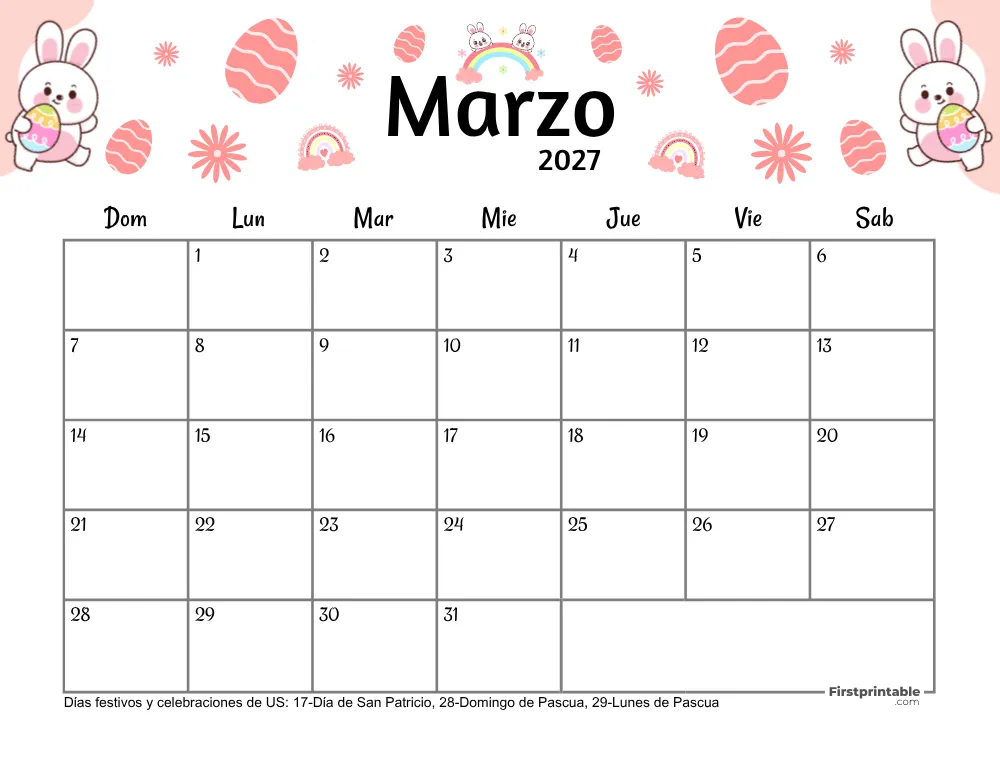 Calendario de marzo de 2027 - Tema de Pascua