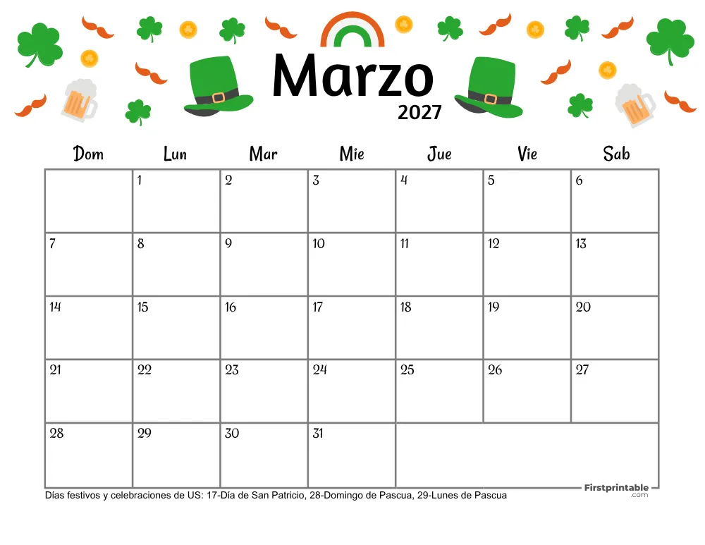Calendario de marzo de 2027 - Tema de San Patricio