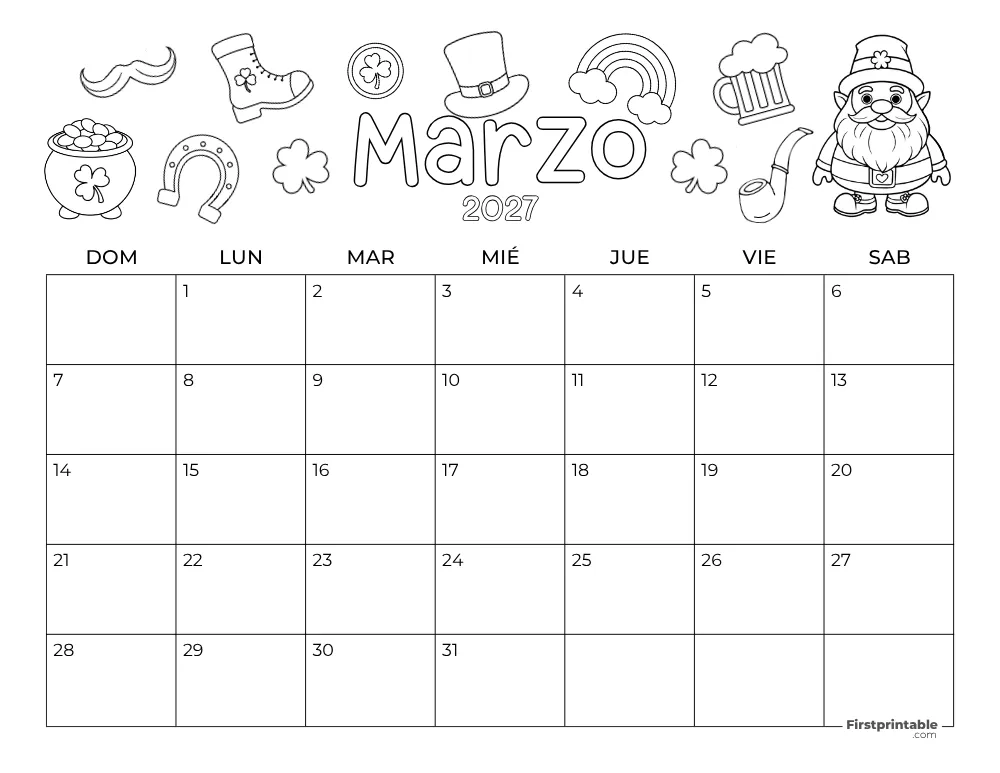 Calendario de marzo de 2027 - Tema del Día de San Patricio