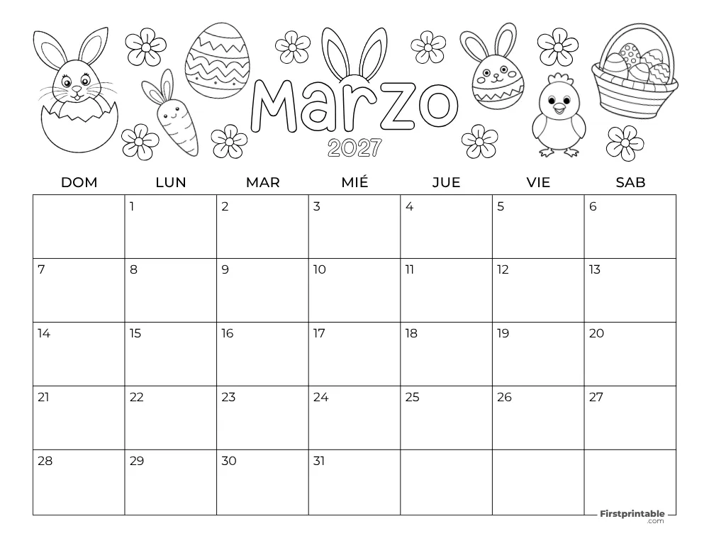 Calendario de marzo de 2027 - Temática de Pascua