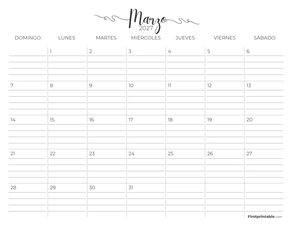 Calendario de marzo de 2027 con líneas 02