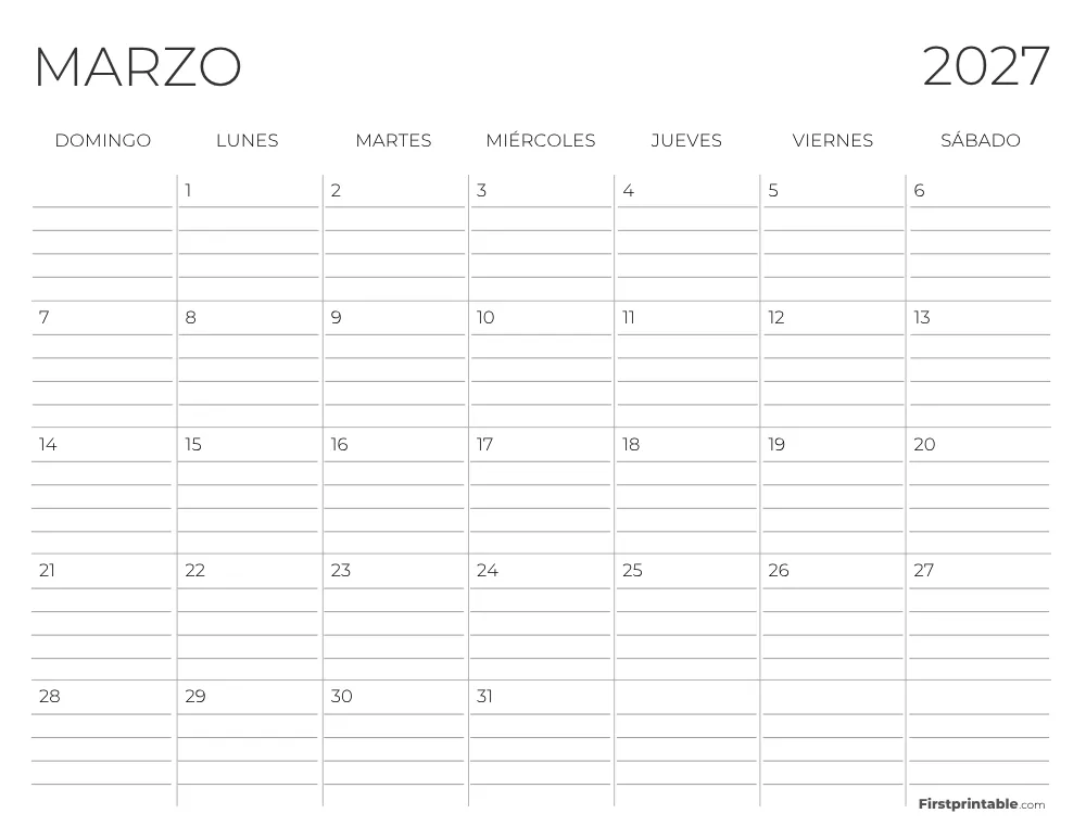 Calendario de marzo de 2027 con líneas