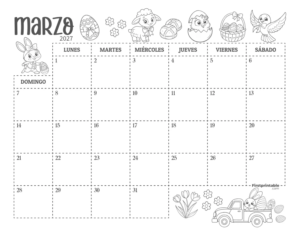 Calendario de marzo de 2027 con temática de Pascua 01